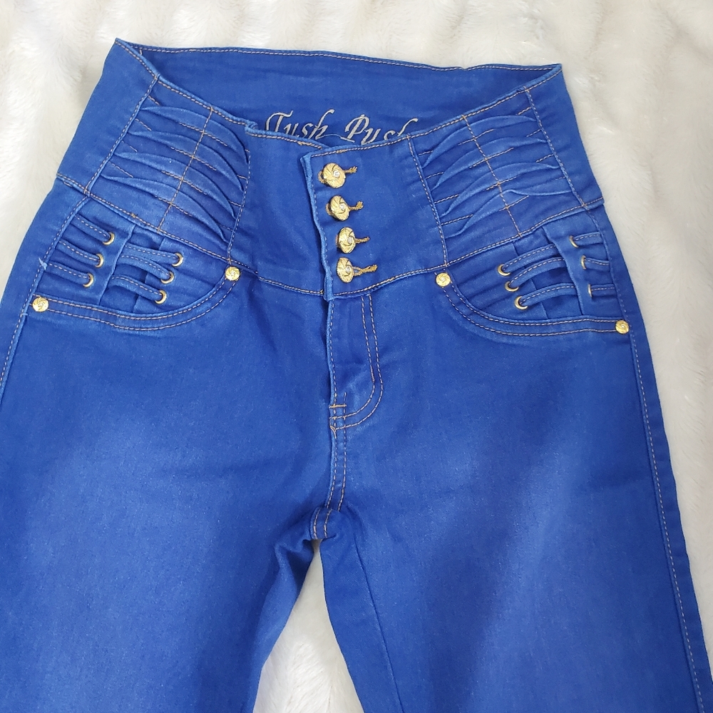 TUSH PUSH~BLUE 4 BUTTON HIGH-RISE JEGGINGS WITH TEXTURED ACCENTS! - Picture 2 of 16
